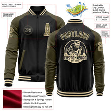 Laden Sie das Bild in den Galerie-Viewer, Uksn Individuelles Bomberjacke in Schwarz-Camouflage-Oliv-Creme mit Reißverschluss, Zweifarben-Design und Varsity-Letterman-Stil

