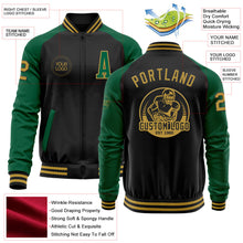 Laden Sie das Bild in den Galerie-Viewer, Uksn Individuelles Bomberjacke in Schwarz-Altgold-Kelly-Grün mit Reißverschluss, Zweifarben-Design und Varsity-Letterman-Stil
