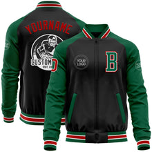 Laden Sie das Bild in den Galerie-Viewer, Uksn Individuelles Bomberjacke in Schwarz-Rot-Kelly-Grün mit Reißverschluss, Zweifarben-Design und Varsity-Letterman-Stil
