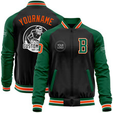 Laden Sie das Bild in den Galerie-Viewer, Uksn Individuelles Bomberjacke in Schwarz-Orange-Kelly-Grün mit Reißverschluss, Zweifarben-Design und Varsity-Letterman-Stil

