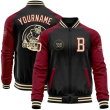 Laden Sie das Bild in den Galerie-Viewer, Uksn Individuelles Bomberjacke in Schwarz-Creme-Karmesinrot mit Reißverschluss, Zweifarben-Design und Varsity-Letterman-Stil
