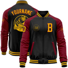 Laden Sie das Bild in den Galerie-Viewer, Uksn Individuelles Bomberjacke in Schwarz-Gold-Karmesinrot mit Reißverschluss, Zweifarben-Design und Varsity-Letterman-Stil
