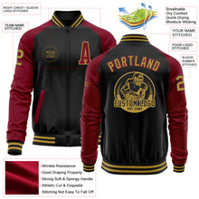 Laden Sie das Bild in den Galerie-Viewer, Uksn Individuelles Bomberjacke in Schwarz-Altgold-Karmesinrot mit Reißverschluss, Zweifarben-Design und Varsity-Letterman-Stil
