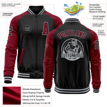 Laden Sie das Bild in den Galerie-Viewer, Uksn Individuelles Bomberjacke in Schwarz-Karmesinrot-Grau mit Reißverschluss, Zweifarben-Design und Varsity-Letterman-Stil
