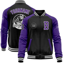 Laden Sie das Bild in den Galerie-Viewer, Uksn Individuelles Bomberjacke in Schwarz-Violett-Weiß mit Reißverschluss, Zweifarben-Design und Varsity-Letterman-Stil
