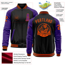 Laden Sie das Bild in den Galerie-Viewer, Uksn Individuelles Bomberjacke in Schwarz-Orange-Violett mit Reißverschluss, Zweifarben-Design und Varsity-Letterman-Stil
