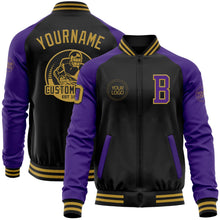 Laden Sie das Bild in den Galerie-Viewer, Uksn Individuelles Bomberjacke in Schwarz-Altgold-Violett mit Reißverschluss, Zweifarben-Design und Varsity-Letterman-Stil
