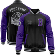 Laden Sie das Bild in den Galerie-Viewer, Uksn Individuelles Bomberjacke in Schwarz-Grau-Violett mit Reißverschluss, Zweifarben-Design und Varsity-Letterman-Stil
