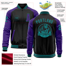 Laden Sie das Bild in den Galerie-Viewer, Uksn Individuelles Bomberjacke in Schwarz-Petrol-Violett mit Reißverschluss, Zweifarben-Design und Varsity-Letterman-Stil
