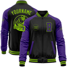 Laden Sie das Bild in den Galerie-Viewer, Uksn Individuelles Bomberjacke in Schwarz-Neongrün-Violett mit Reißverschluss, Zweifarben-Design und Varsity-Letterman-Stil
