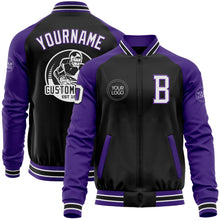 Laden Sie das Bild in den Galerie-Viewer, Uksn Individuelles Bomberjacke in Schwarz-Weiß-Violett mit Reißverschluss, Zweifarben-Design und Varsity-Letterman-Stil
