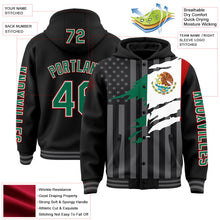 Laden Sie das Bild in den Galerie-Viewer, Uksn Individuelles Bomberjacke in Schwarz-Kelly-Grün-Rot-Grau mit 3D-Mexiko-Flagge, Druckknopfleiste, Kapuze und Varsity-Letterman-Stil
