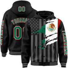 Laden Sie das Bild in den Galerie-Viewer, Uksn Individuelles Bomberjacke in Schwarz-Kelly-Grün-Rot-Grau mit 3D-Mexiko-Flagge, Druckknopfleiste, Kapuze und Varsity-Letterman-Stil
