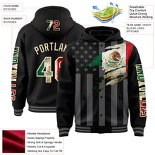 Laden Sie das Bild in den Galerie-Viewer, Uksn Individuelles Bomberjacke in Schwarz-Creme-Grau mit Vintage-Mexiko-Flagge, 3D-Mexiko-Design, Druckknopfleiste, Kapuze und Varsity-Letterman-Stil
