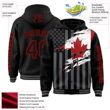 Laden Sie das Bild in den Galerie-Viewer, Uksn Individuelles Bomberjacke in Schwarz-Rot-Grau mit 3D-Kanada-Flagge, Druckknopfleiste, Kapuze und Varsity-Letterman-Stil
