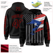 Laden Sie das Bild in den Galerie-Viewer, Uksn Individuelles Bomberjacke in Schwarz-Rot-Grau mit 3D-Puerto-Rico-Flagge, Druckknopfleiste, Kapuze und Varsity-Letterman-Stil
