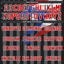 Laden Sie das Bild in den Galerie-Viewer, Uksn Individuelles Bomberjacke in Schwarz-Rot-Grau mit 3D-Puerto-Rico-Flagge, Druckknopfleiste, Kapuze und Varsity-Letterman-Stil
