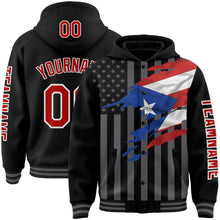 Laden Sie das Bild in den Galerie-Viewer, Uksn Individuelles Bomberjacke in Schwarz-Rot-Grau mit 3D-Puerto-Rico-Flagge, Druckknopfleiste, Kapuze und Varsity-Letterman-Stil
