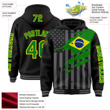 Laden Sie das Bild in den Galerie-Viewer, Uksn Individuelles Bomberjacke in Schwarz-Grasgrün-Hellgelb-Grau mit 3D-Brasilien-Flagge, Druckknopfleiste, Kapuze und Varsity-Letterman-Stil
