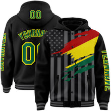 Laden Sie das Bild in den Galerie-Viewer, Uksn Individuelles Bomberjacke in Schwarz-Kelly-Grün-Hellgelb-Grau mit 3D-Bolivien-Flagge, Druckknopfleiste, Kapuze und Varsity-Letterman-Stil

