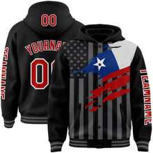 Laden Sie das Bild in den Galerie-Viewer, Uksn Individuelles Bomberjacke in Schwarz-Rot-Grau mit 3D-Chile-Flagge, Druckknopfleiste, Kapuze und Varsity-Letterman-Stil
