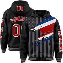 Laden Sie das Bild in den Galerie-Viewer, Uksn Individuelles Bomberjacke in Schwarz-Rot-Grau mit 3D-Costa-Rica-Flagge, Druckknopfleiste, Kapuze und Varsity-Letterman-Stil
