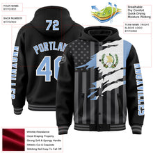 Laden Sie das Bild in den Galerie-Viewer, Uksn Individuelles Bomberjacke in Schwarz-Hellblau-Grau mit 3D-Guatemala-Flagge, Druckknopfleiste, Kapuze und Varsity-Letterman-Stil
