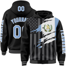Laden Sie das Bild in den Galerie-Viewer, Uksn Individuelles Bomberjacke in Schwarz-Hellblau-Grau mit 3D-Guatemala-Flagge, Druckknopfleiste, Kapuze und Varsity-Letterman-Stil
