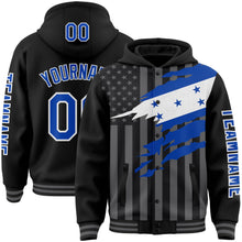 Laden Sie das Bild in den Galerie-Viewer, Uksn Individuelles Bomberjacke in Schwarz-Gewitterblau-Grau mit 3D-Honduras-Flagge, Druckknopfleiste, Kapuze und Varsity-Letterman-Stil

