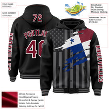 Laden Sie das Bild in den Galerie-Viewer, Uksn Individuelles Bomberjacke in Schwarz-Karmesinrot-Grau mit 3D-Panama-Flagge, Druckknopfleiste, Kapuze und Varsity-Letterman-Stil
