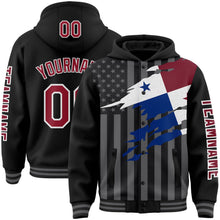 Laden Sie das Bild in den Galerie-Viewer, Uksn Individuelles Bomberjacke in Schwarz-Karmesinrot-Grau mit 3D-Panama-Flagge, Druckknopfleiste, Kapuze und Varsity-Letterman-Stil
