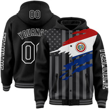 Laden Sie das Bild in den Galerie-Viewer, Uksn Individuelles Bomberjacke in Schwarz-Grau-Weiß mit 3D-Paraguay-Flagge, Druckknopfleiste, Kapuze und Varsity-Letterman-Stil
