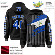 Laden Sie das Bild in den Galerie-Viewer, Uksn Individuelles Bomberjacke in Schwarz-Gewitterblau-Grau mit 3D-Nicaragua-Flagge, Druckknopfleiste, Kapuze und Varsity-Letterman-Stil
