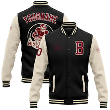 Laden Sie das Bild in den Galerie-Viewer, Uksn Individuelles Bomberjacke in Schwarz-Kastanienbraun-Creme mit Druckknopfleiste, Zweifarben-Design und Varsity-Letterman-Stil
