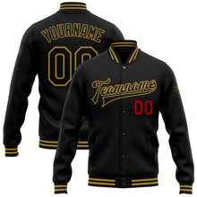 Laden Sie das Bild in den Galerie-Viewer, Uksn Individuelles Bomberjacke in Schwarz-Altgold-Rot mit Druckknopfleiste und Varsity-Letterman-Stil
