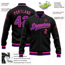 Laden Sie das Bild in den Galerie-Viewer, Uksn Individuelles Bomberjacke in Schwarz-Violett-Pink mit Druckknopfleiste und Varsity-Letterman-Stil
