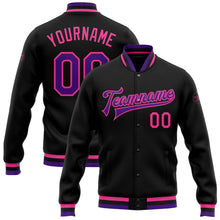 Laden Sie das Bild in den Galerie-Viewer, Uksn Individuelles Bomberjacke in Schwarz-Violett-Pink mit Druckknopfleiste und Varsity-Letterman-Stil
