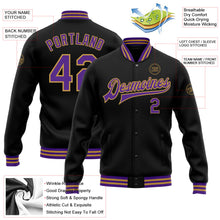 Laden Sie das Bild in den Galerie-Viewer, Uksn Individuelles Bomberjacke in Schwarz-Violett-Altgold mit Druckknopfleiste und Varsity-Letterman-Stil
