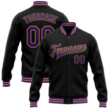 Laden Sie das Bild in den Galerie-Viewer, Uksn Individuelles Bomberjacke in Schwarz-Violett-Altgold mit Druckknopfleiste und Varsity-Letterman-Stil
