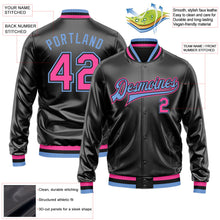 Laden Sie das Bild in den Galerie-Viewer, Uksn Individuelles Bomberjacke in Schwarz-Pink-Hellblau mit Kunstleder, Druckknopfleiste und Varsity-Letterman-Stil
