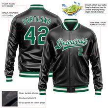 Laden Sie das Bild in den Galerie-Viewer, Uksn Individuelles Bomberjacke in Schwarz-Kelly-Grün-Weiß mit Kunstleder, Druckknopfleiste und Varsity-Letterman-Stil
