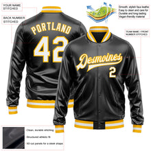 Laden Sie das Bild in den Galerie-Viewer, Uksn Individuelles Bomberjacke in Schwarz-Weiß-Gold mit Kunstleder, Druckknopfleiste und Varsity-Letterman-Stil

