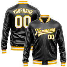 Laden Sie das Bild in den Galerie-Viewer, Uksn Individuelles Bomberjacke in Schwarz-Weiß-Gold mit Kunstleder, Druckknopfleiste und Varsity-Letterman-Stil
