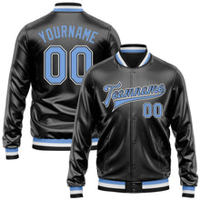 Laden Sie das Bild in den Galerie-Viewer, Uksn Individuelles Bomberjacke in Schwarz-Hellblau-Weiß mit Kunstleder, Druckknopfleiste und Varsity-Letterman-Stil
