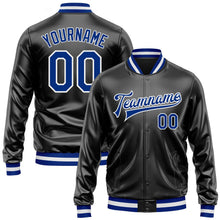 Laden Sie das Bild in den Galerie-Viewer, Uksn Individuelles Bomberjacke in Schwarz-Royalblau-Weiß mit Kunstleder, Druckknopfleiste und Varsity-Letterman-Stil
