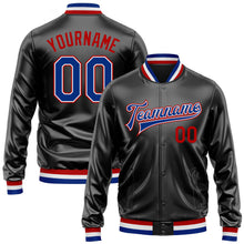 Laden Sie das Bild in den Galerie-Viewer, Uksn Individuelles Bomberjacke in Schwarz-Royalblau-Rot mit Kunstleder, Druckknopfleiste und Varsity-Letterman-Stil
