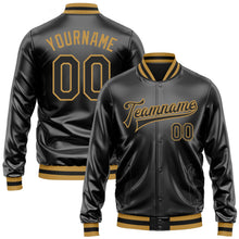 Laden Sie das Bild in den Galerie-Viewer, Uksn Individuelles Bomberjacke in Schwarz-Schwarz-Altgold mit Kunstleder, Druckknopfleiste und Varsity-Letterman-Stil
