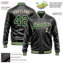 Laden Sie das Bild in den Galerie-Viewer, Uksn Individuelles Bomberjacke in Schwarz-Grün-Creme mit Kunstleder, Druckknopfleiste und Varsity-Letterman-Stil
