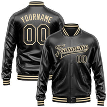 Laden Sie das Bild in den Galerie-Viewer, Uksn Individuelles Bomberjacke in Schwarz-Schwarz-Creme mit Kunstleder, Druckknopfleiste und Varsity-Letterman-Stil
