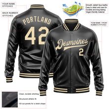 Laden Sie das Bild in den Galerie-Viewer, Uksn Individuelles Bomberjacke in Schwarz-Creme mit Kunstleder, Druckknopfleiste und Varsity-Letterman-Stil
